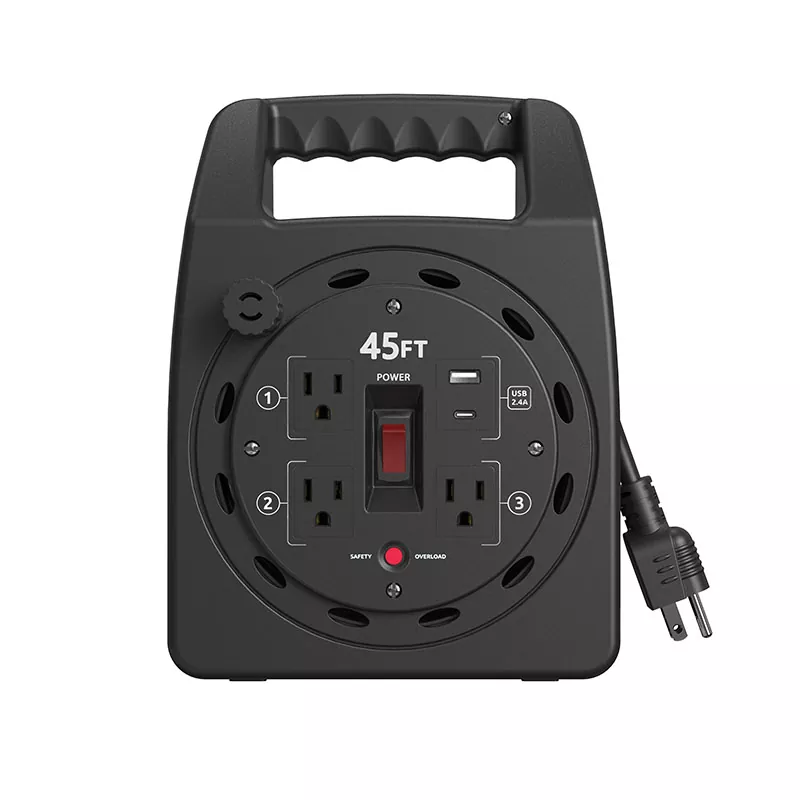 3 அவுட்லெட்டுகள் Usb2.4a ஓவர்லோட் பாதுகாப்புடன் 45 அடி பிளாஸ்டிக் கார்ட் ரீல் 3 அவுட்லெட்டுகள் Usb2.4a ஓவர்லோட் பாதுகாப்புடன் 45 அடி பிளாஸ்டிக் கார்ட் ரீல்